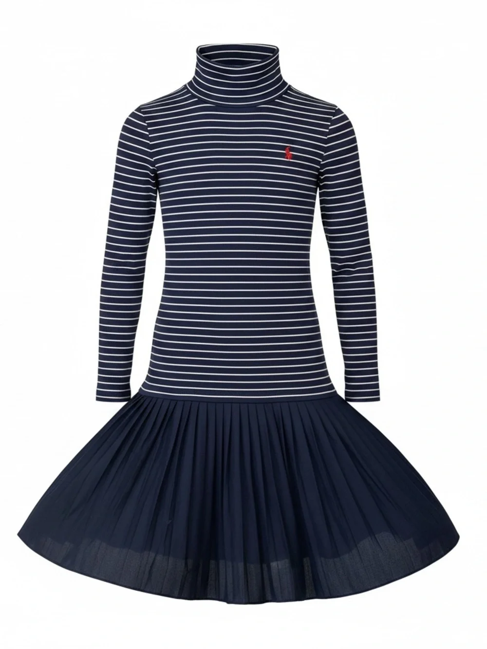 Ralph Lauren Girls Navy & White Striped Turtleneck Pleated Dress